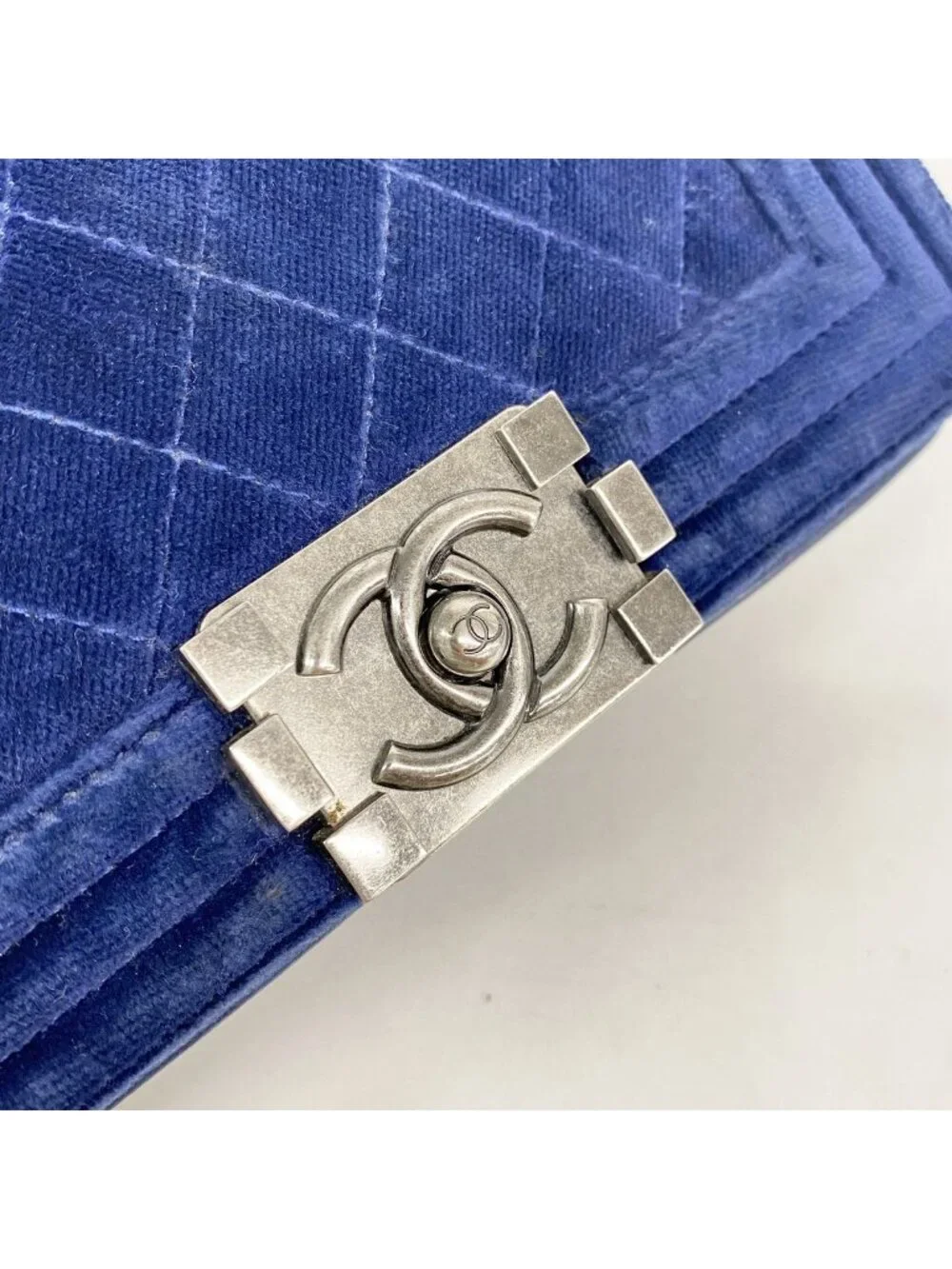 Chanel Shoulder Bag Boy Suede Navy Silver